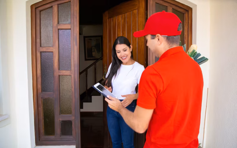 Smiling Female Customer Standing Near Open Door Receiving Order From Grocery Store Caucasian Courier Delivering Order Hold...